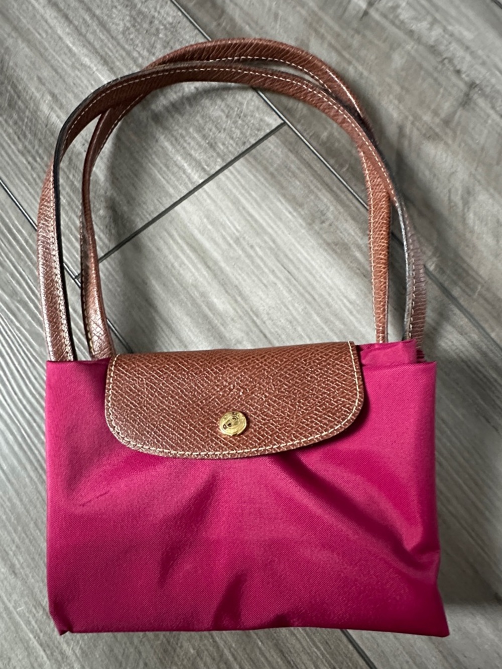 Longchamp Pink Nylon Shoulder Bag with Brown Leather Flap and Straps (L)